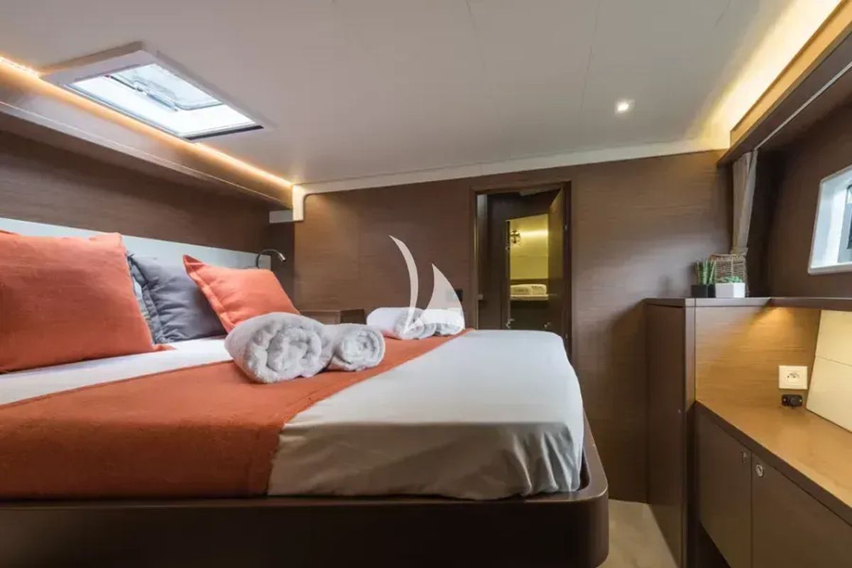 Cabin on Nomad, a Lagoon 52 catamaran at Lavreotiki Municipal Unit, Greece