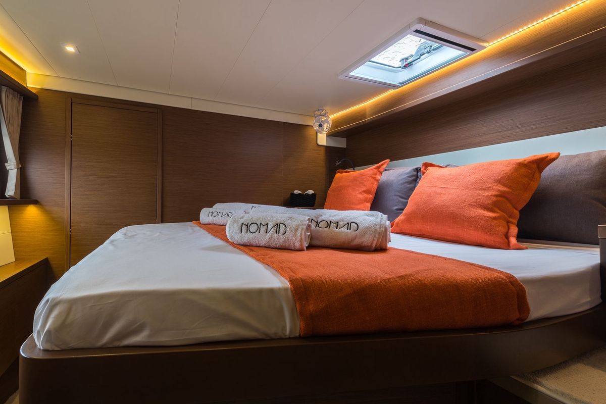 Cabin on Nomad, a Lagoon 52 catamaran at Lavreotiki Municipal Unit, Greece