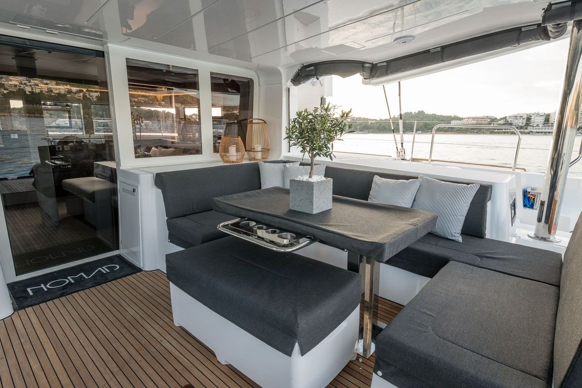 Deck of Nomad, a Lagoon 52 catamaran at Lavreotiki Municipal Unit, Greece