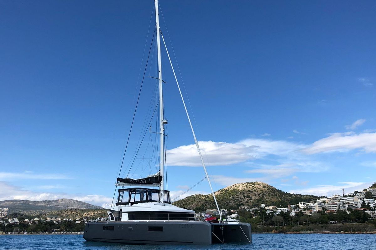 Exterior view of Nomad, a Lagoon 52 catamaran at Lavreotiki Municipal Unit, Greece
