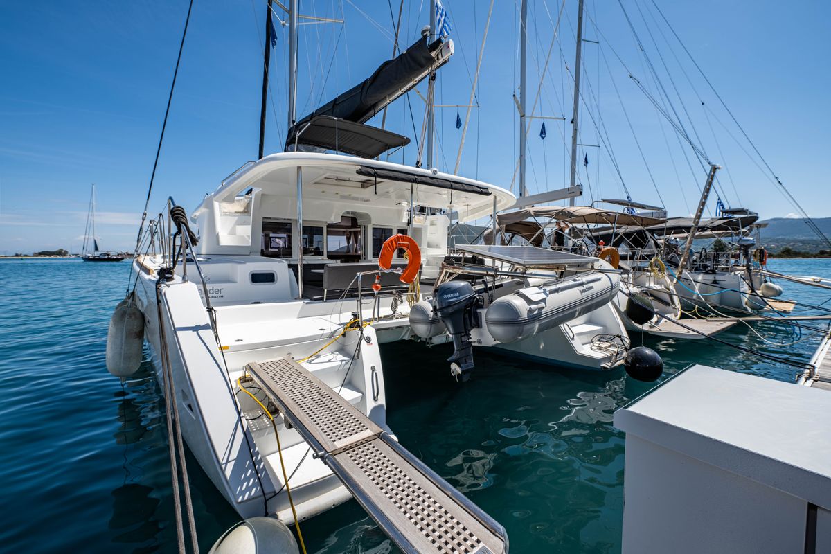 Exterior view of Wander, a Lagoon 450 Fly catamaran at Municipal Unit of Lefkada, Greece