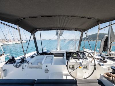 Cockpit of Wander, a Lagoon 450 Fly catamaran at Municipal Unit of Lefkada, Greece