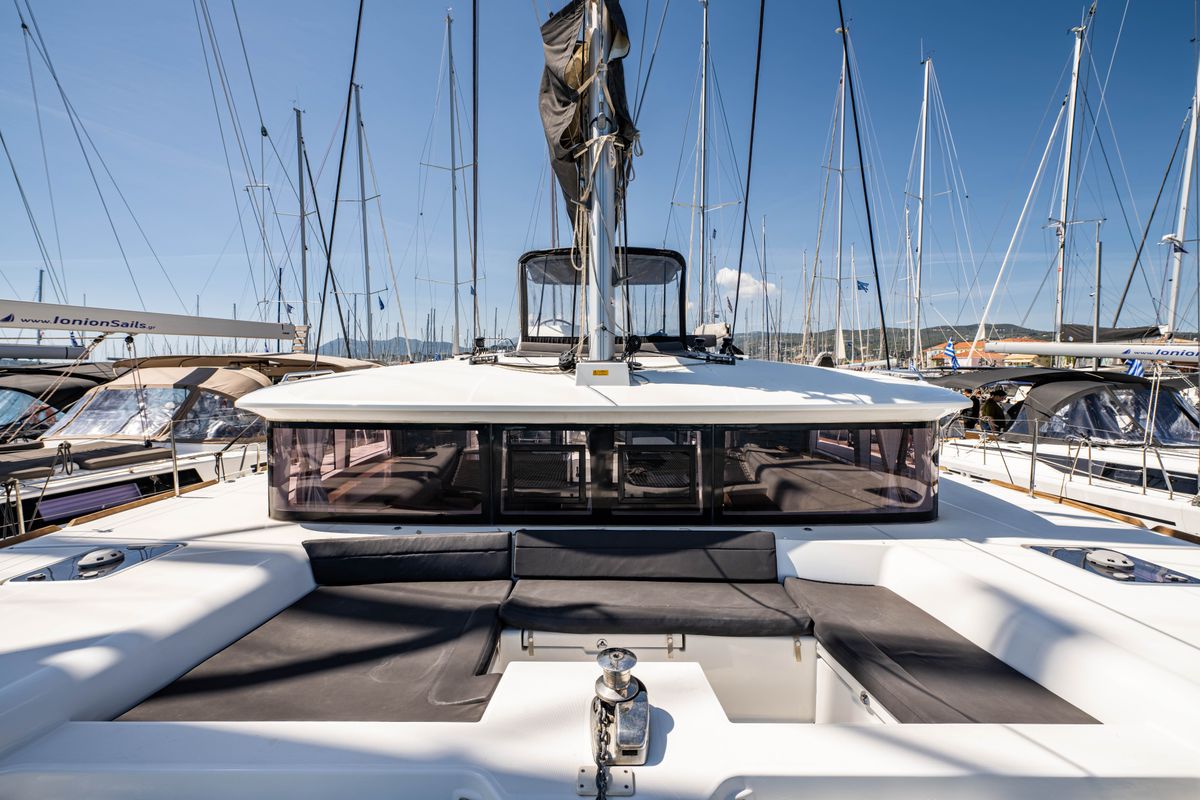 Deck of Wander, a Lagoon 450 Fly catamaran at Municipal Unit of Lefkada, Greece