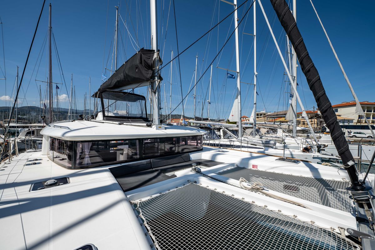 Deck of Wander, a Lagoon 450 Fly catamaran at Municipal Unit of Lefkada, Greece