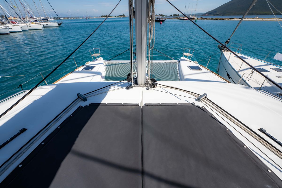 Deck of Wander, a Lagoon 450 Fly catamaran at Municipal Unit of Lefkada, Greece