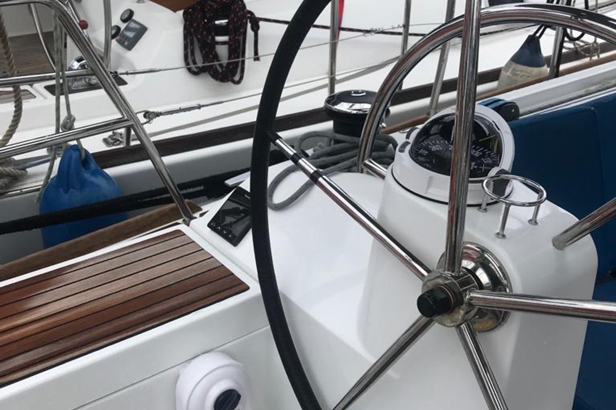 Cockpit of Alboran Grappa, a Jeanneau Sun Odyssey 519 sailboat at es Jonquet, Spain