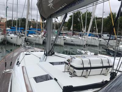 Deck of Alboran Grappa, a Jeanneau Sun Odyssey 519 sailboat at es Jonquet, Spain