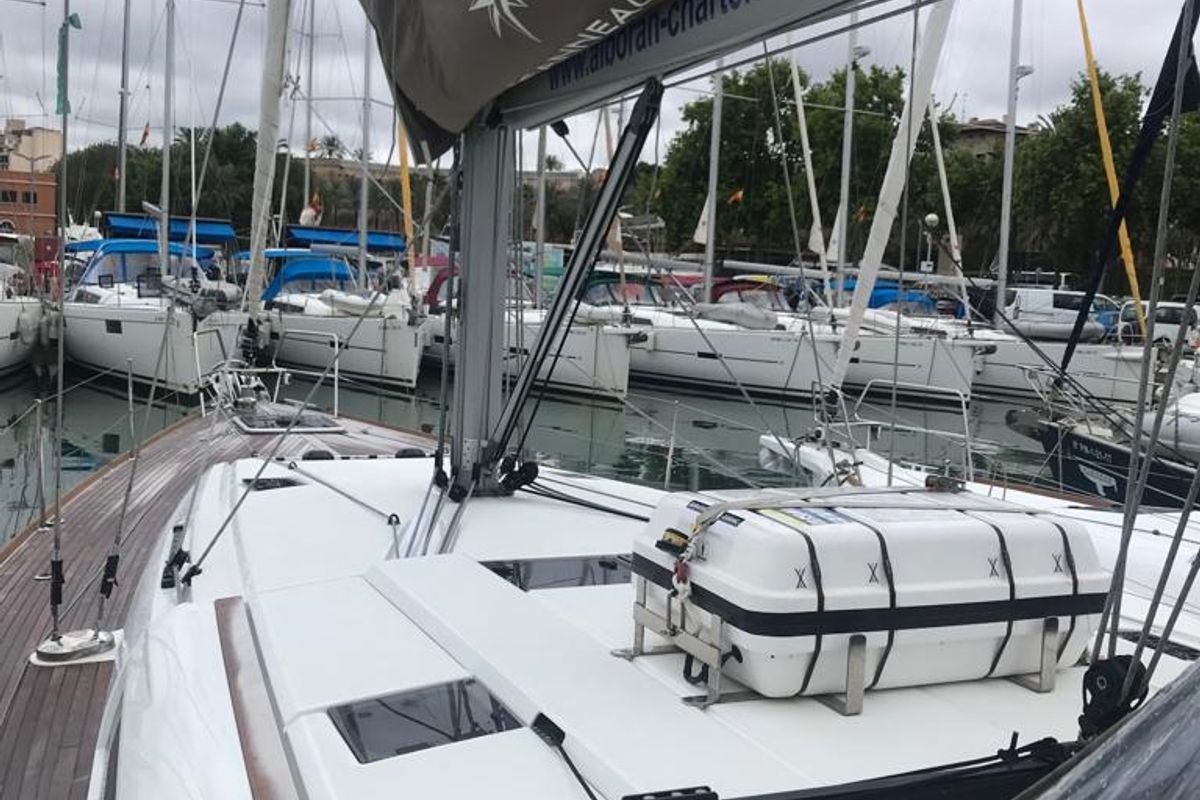 Deck of Alboran Grappa, a Jeanneau Sun Odyssey 519 sailboat at es Jonquet, Spain