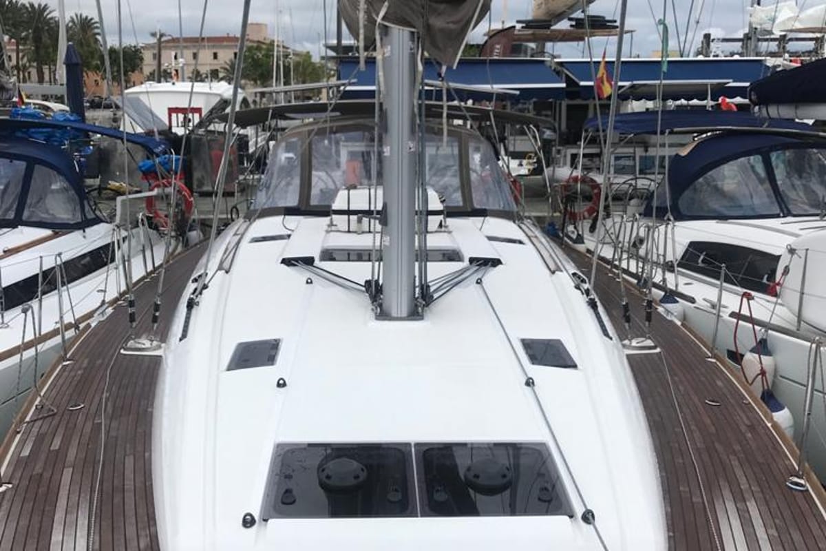 Deck of Alboran Grappa, a Jeanneau Sun Odyssey 519 sailboat at es Jonquet, Spain