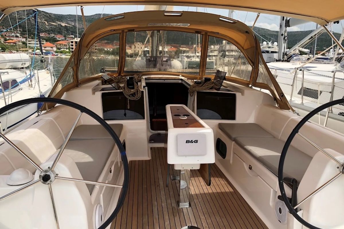 Cockpit of Medoc, a Dufour 382 GL sailboat at Seget Donji, Croatia