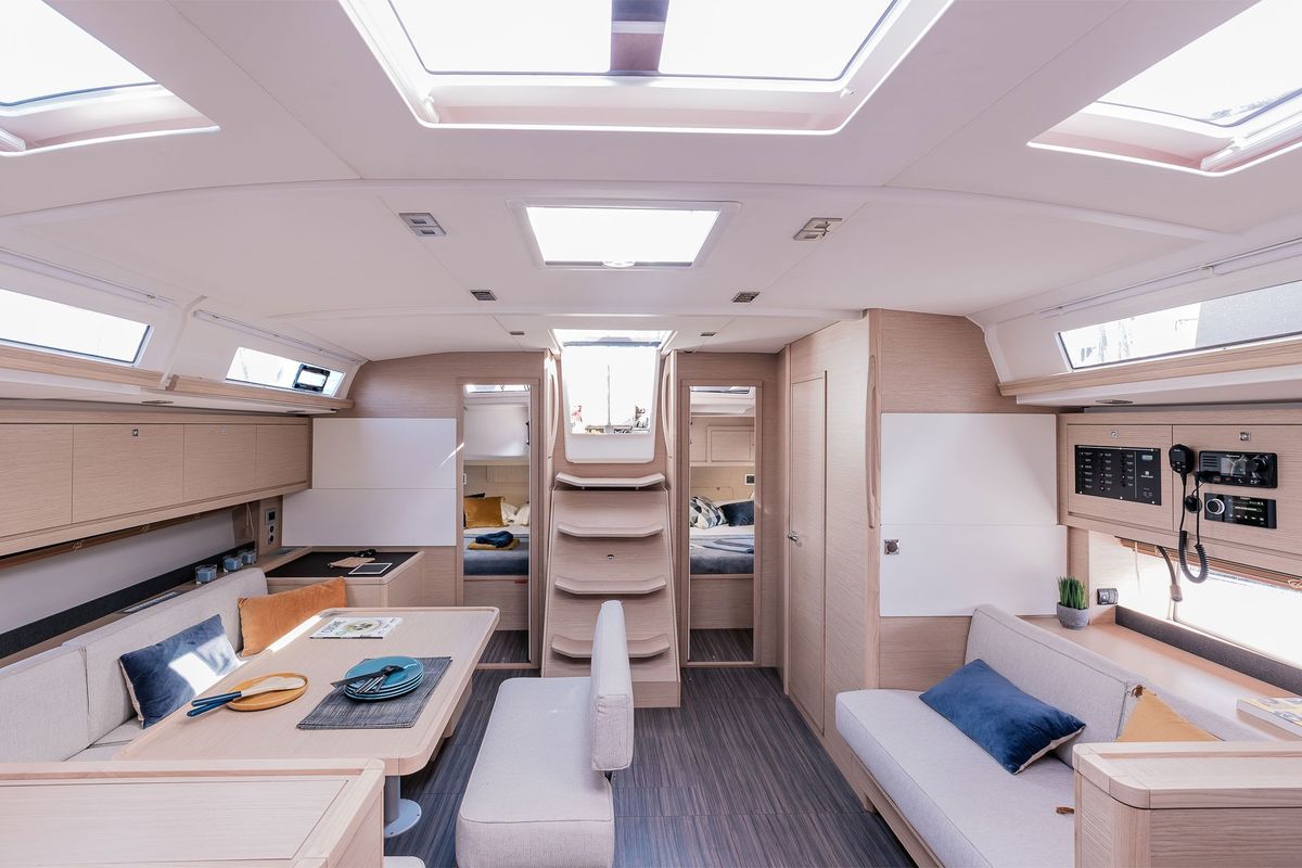 Salon of AQUA AZZURRO, a Dufour 470 sailboat at Kos, Greece