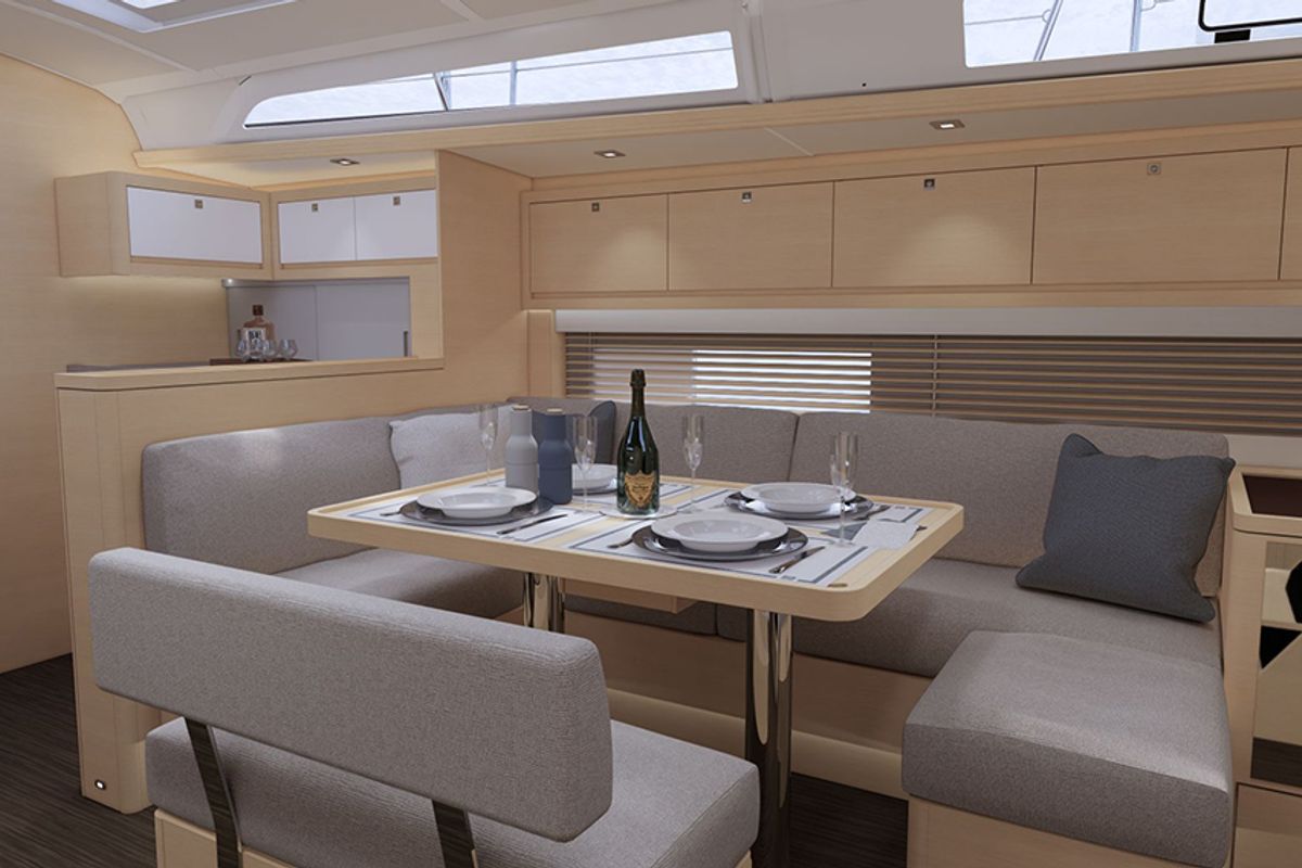 Salon of AQUA AZZURRO, a Dufour 470 sailboat at Kos, Greece