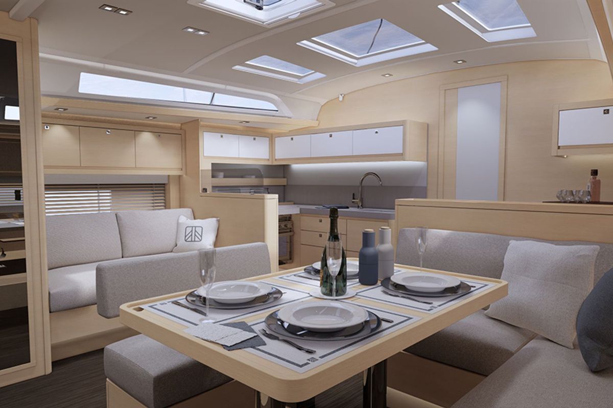 Salon of AQUA AZZURRO, a Dufour 470 sailboat at Kos, Greece