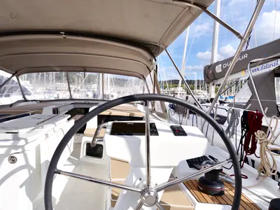 Cockpit of Lara, a Beneteau Oceanis 51.1 sailboat at Puntone di Scarlino, Italy