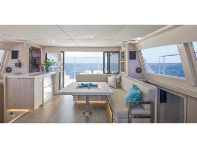 Salon of Aquaholic, a Leopard 434 PC catamaran at Kontokali, Greece