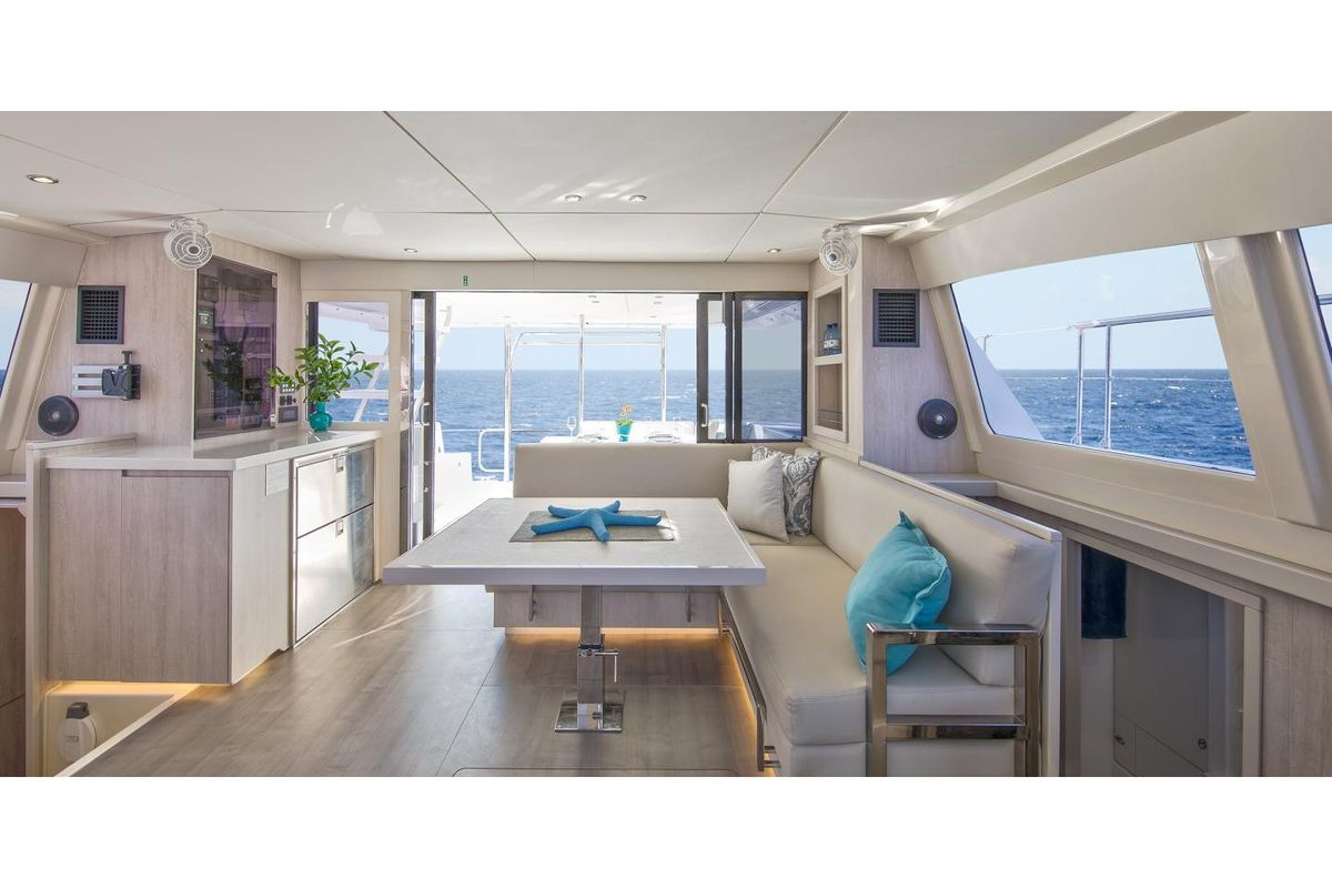 Salon of Aquaholic, a Leopard 434 PC catamaran at Kontokali, Greece