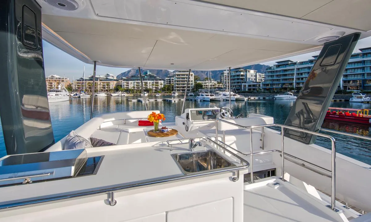 Deck of Aquaholic, a Leopard 434 PC catamaran at Kontokali, Greece