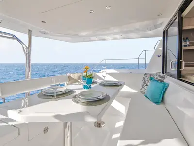 Deck of Aquaholic, a Leopard 434 PC catamaran at Kontokali, Greece