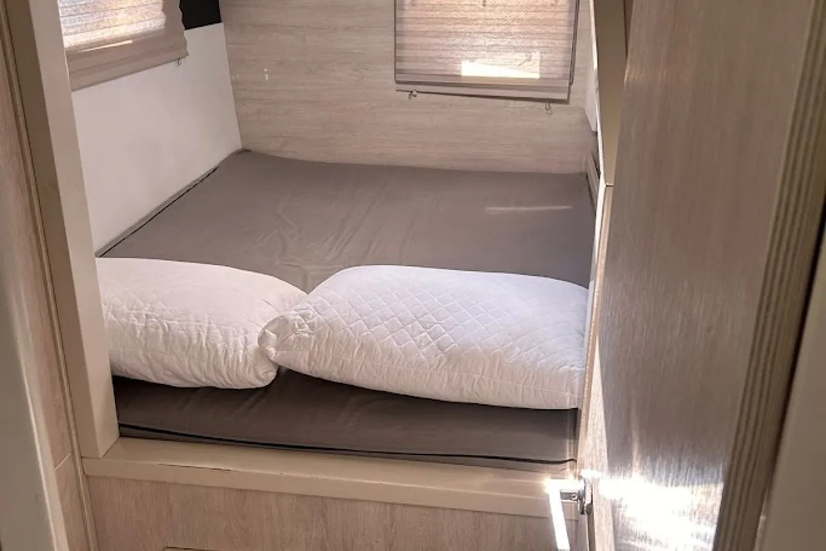 Cabin on Aquaholic, a Leopard 434 PC catamaran at Kontokali, Greece
