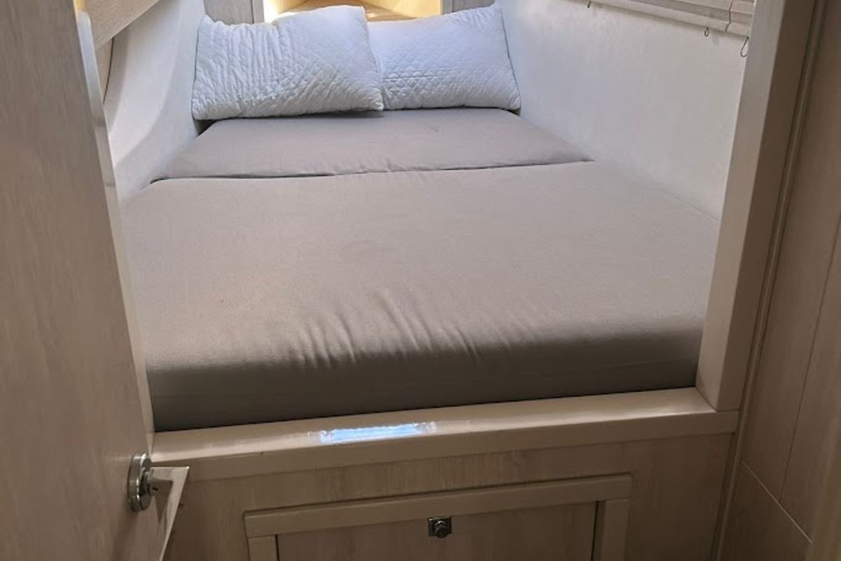 Cabin on Aquaholic, a Leopard 434 PC catamaran at Kontokali, Greece