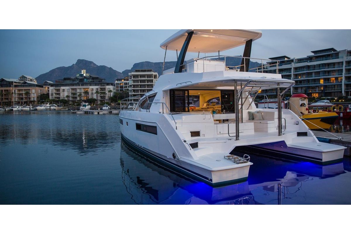 Exterior view of Aquaholic, a Leopard 434 PC catamaran at Kontokali, Greece