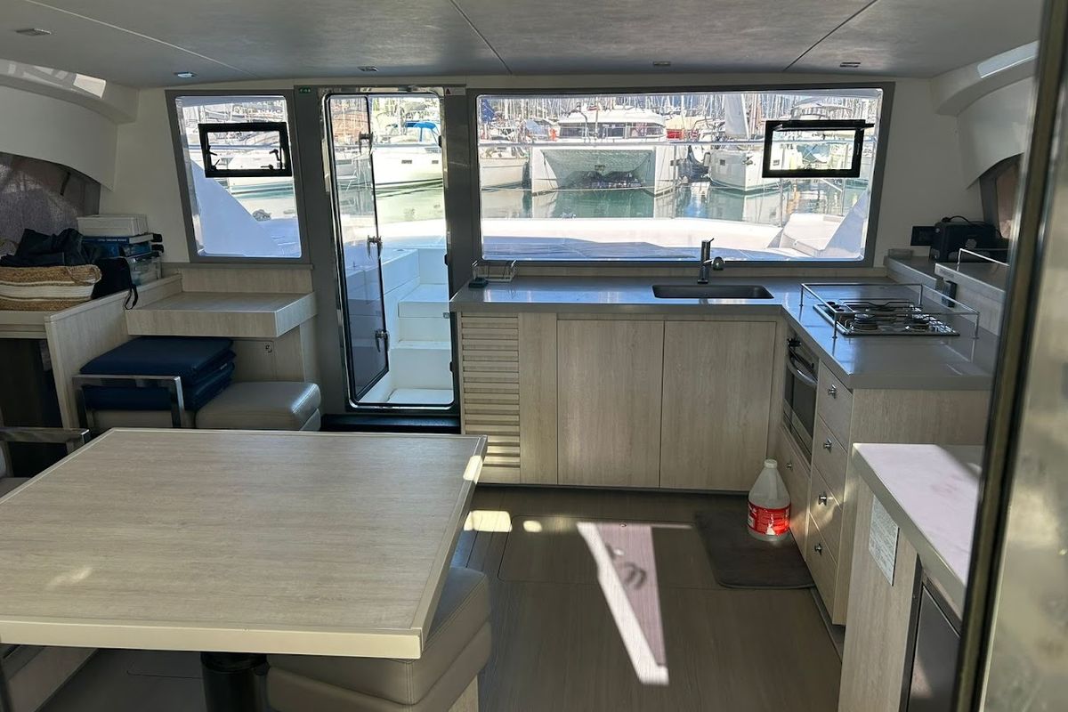 Galley of Aquaholic, a Leopard 434 PC catamaran at Kontokali, Greece