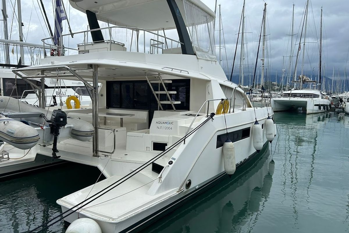 Exterior view of Aquaholic, a Leopard 434 PC catamaran at Kontokali, Greece