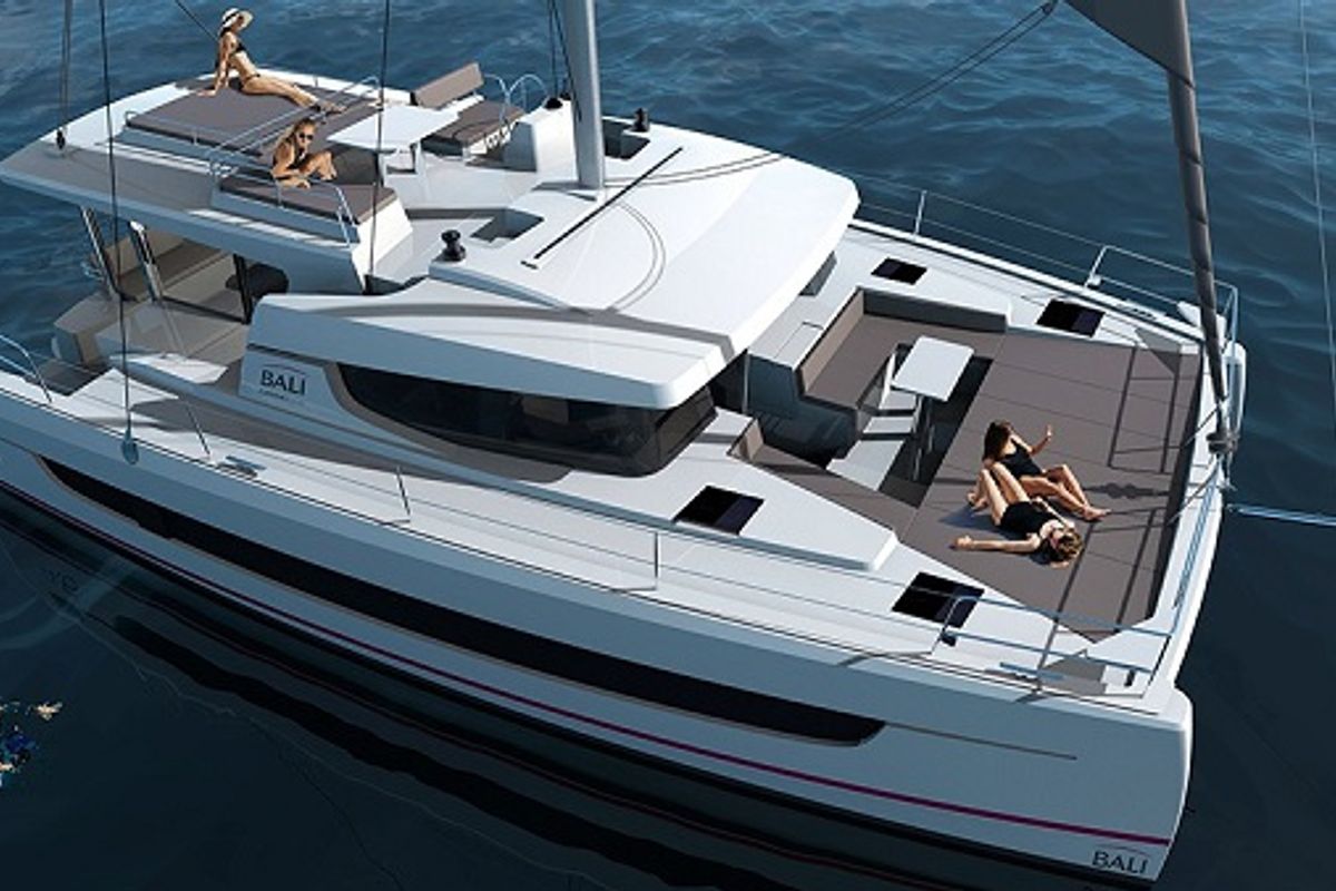 Exterior view of Mayflower, a Bali 4.6 catamaran at Fethiye, Turkey