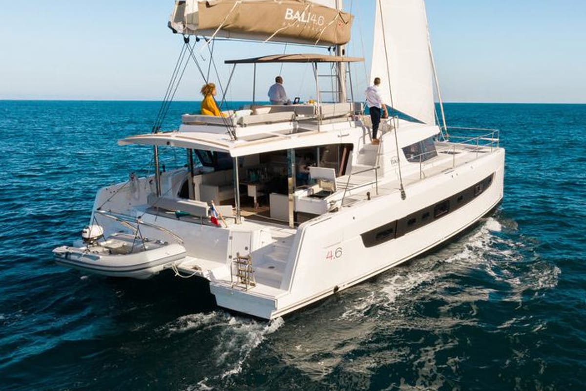 Exterior view of Mayflower, a Bali 4.6 catamaran at Fethiye, Turkey