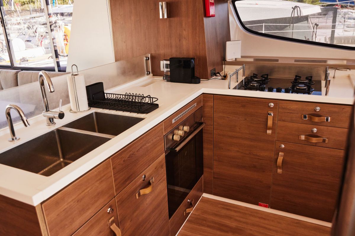 Galley of Scorpio, a Bali 4.6 catamaran at Marmaris, Turkey