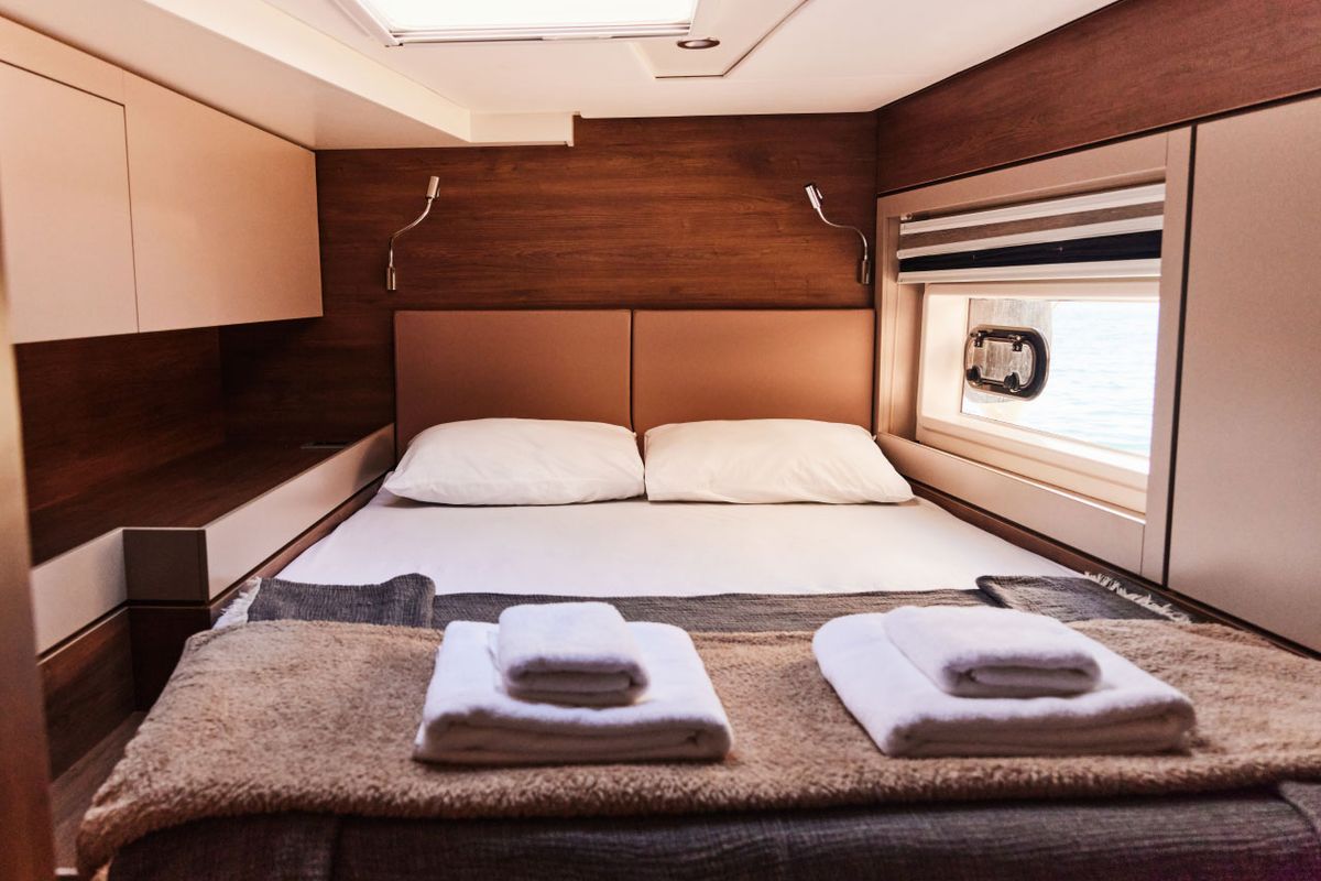 Cabin on Scorpio, a Bali 4.6 catamaran at Marmaris, Turkey