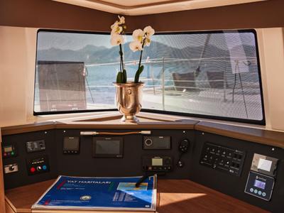 Cockpit of Scorpio, a Bali 4.6 catamaran at Marmaris, Turkey