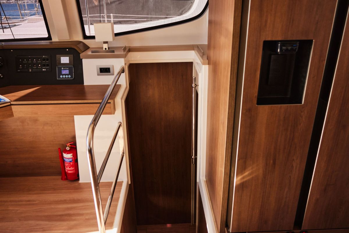 Salon of Scorpio, a Bali 4.6 catamaran at Marmaris, Turkey