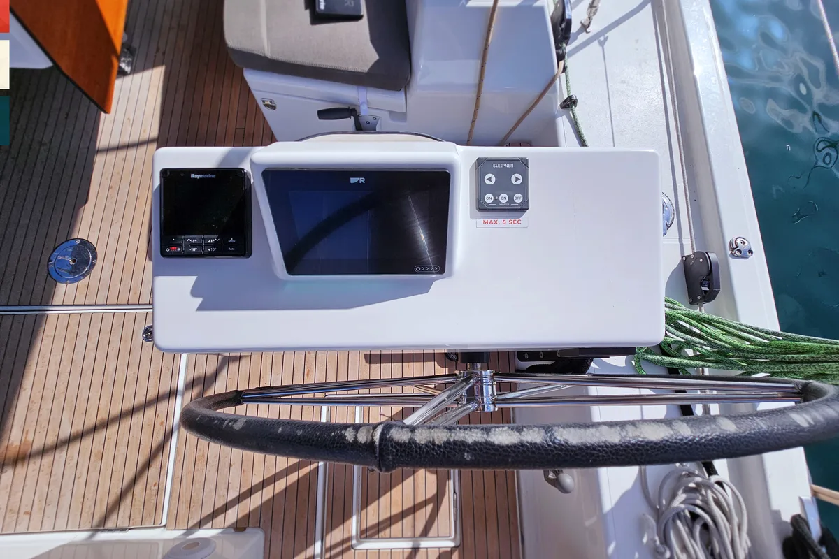 Cockpit of Rondo, a Dufour 530 sailboat at Grad Kaštela, Croatia