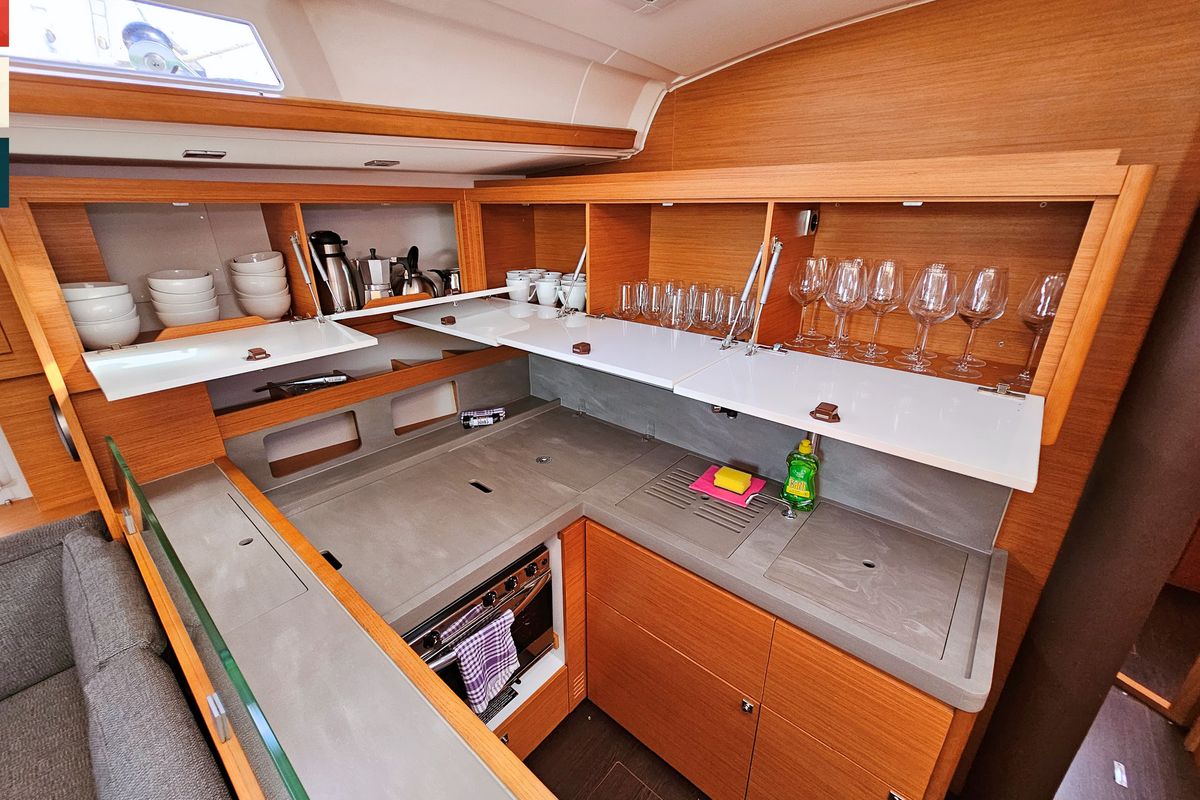 Galley of Rondo, a Dufour 530 sailboat at Grad Kaštela, Croatia