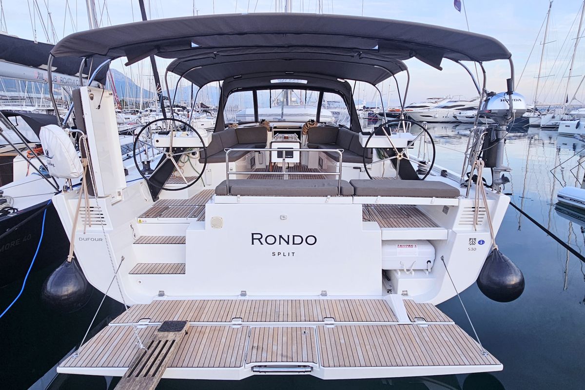 Exterior view of Rondo, a Dufour 530 sailboat at Grad Kaštela, Croatia