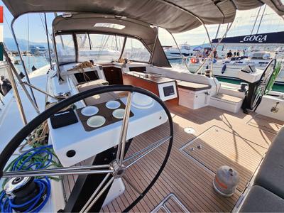 Cockpit of Rondo, a Dufour 530 sailboat at Grad Kaštela, Croatia