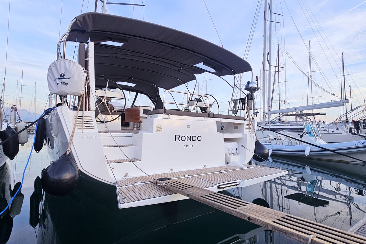 Exterior view of Rondo, a Dufour 530 sailboat at Grad Kaštela, Croatia