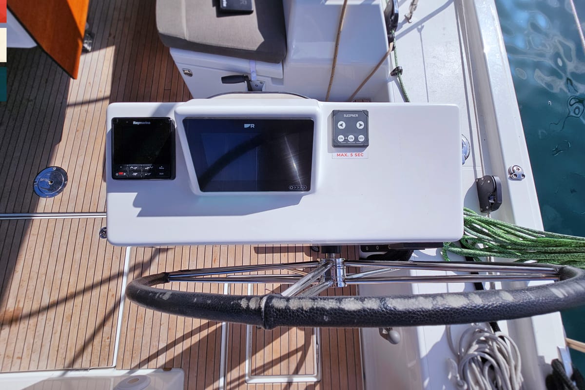 Cockpit of Rondo, a Dufour 530 sailboat at Grad Kaštela, Croatia