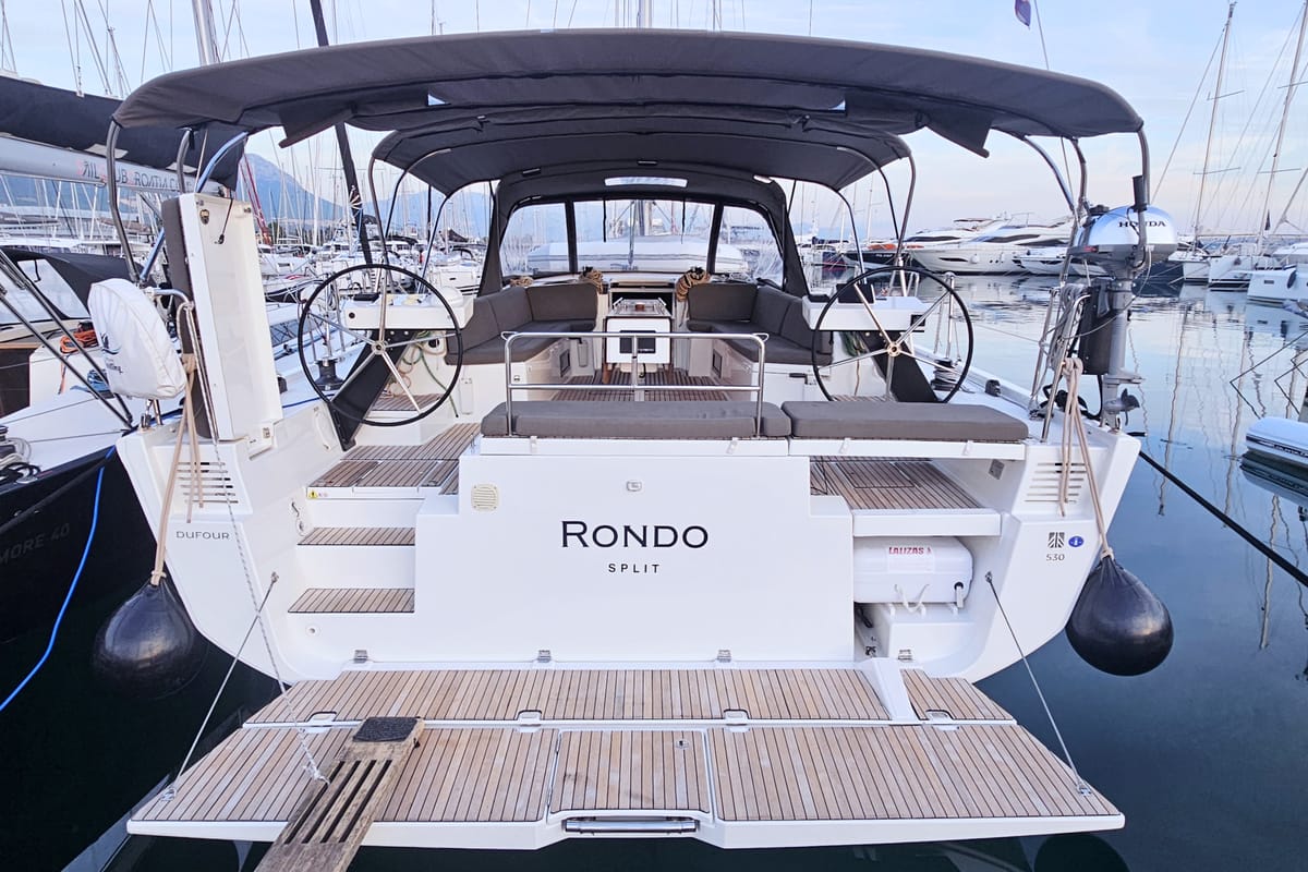Exterior view of Rondo, a Dufour 530 sailboat at Grad Kaštela, Croatia