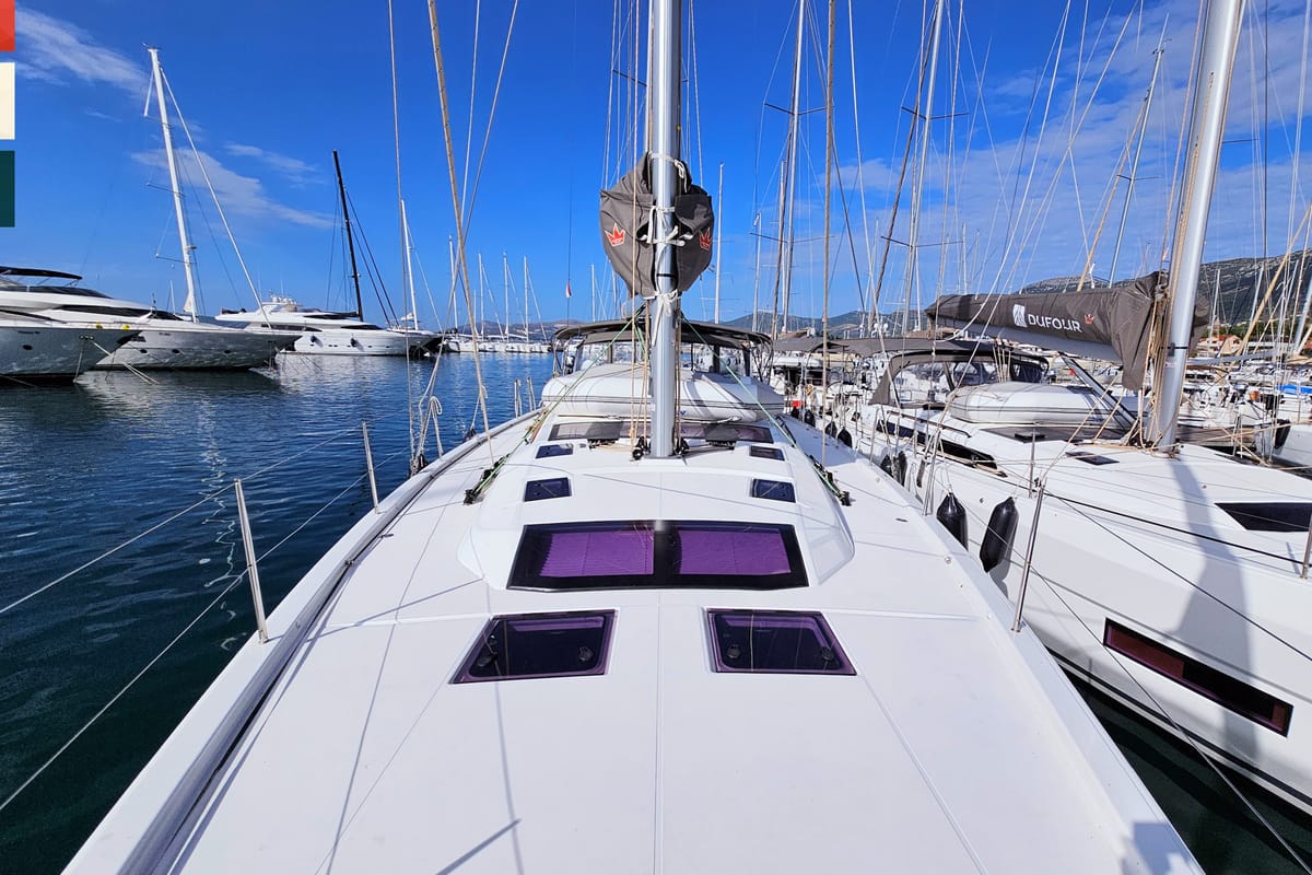 Deck of Rondo, a Dufour 530 sailboat at Grad Kaštela, Croatia