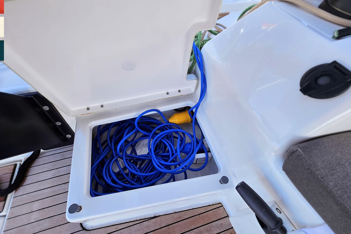 Deck of Rondo, a Dufour 530 sailboat at Grad Kaštela, Croatia