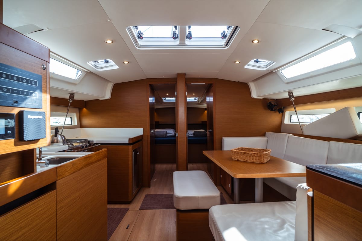 Salon of Evita, a Jeanneau Sun Odyssey 490 sailboat at Olbia, Italy