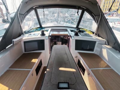 Cockpit of Amunì, a Dufour 41 sailboat at Procida, Italy