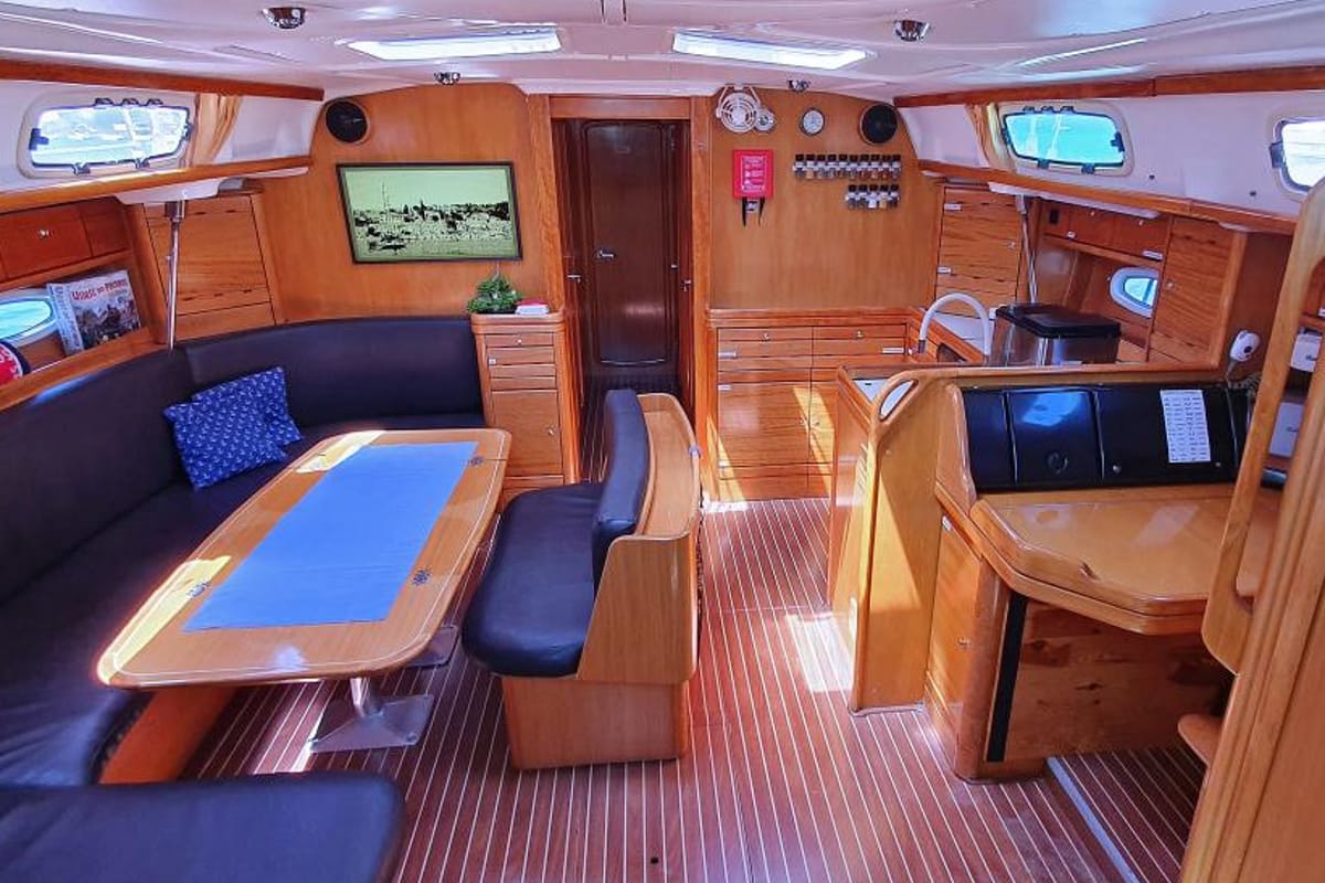 Salon of Led Zeppelin, a Bavaria 50 Cruiser sailboat at Općina Bilice, Croatia