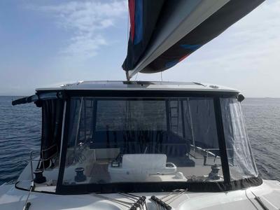 Cockpit of Pearl, a Lagoon 51 catamaran at Athens, Greece