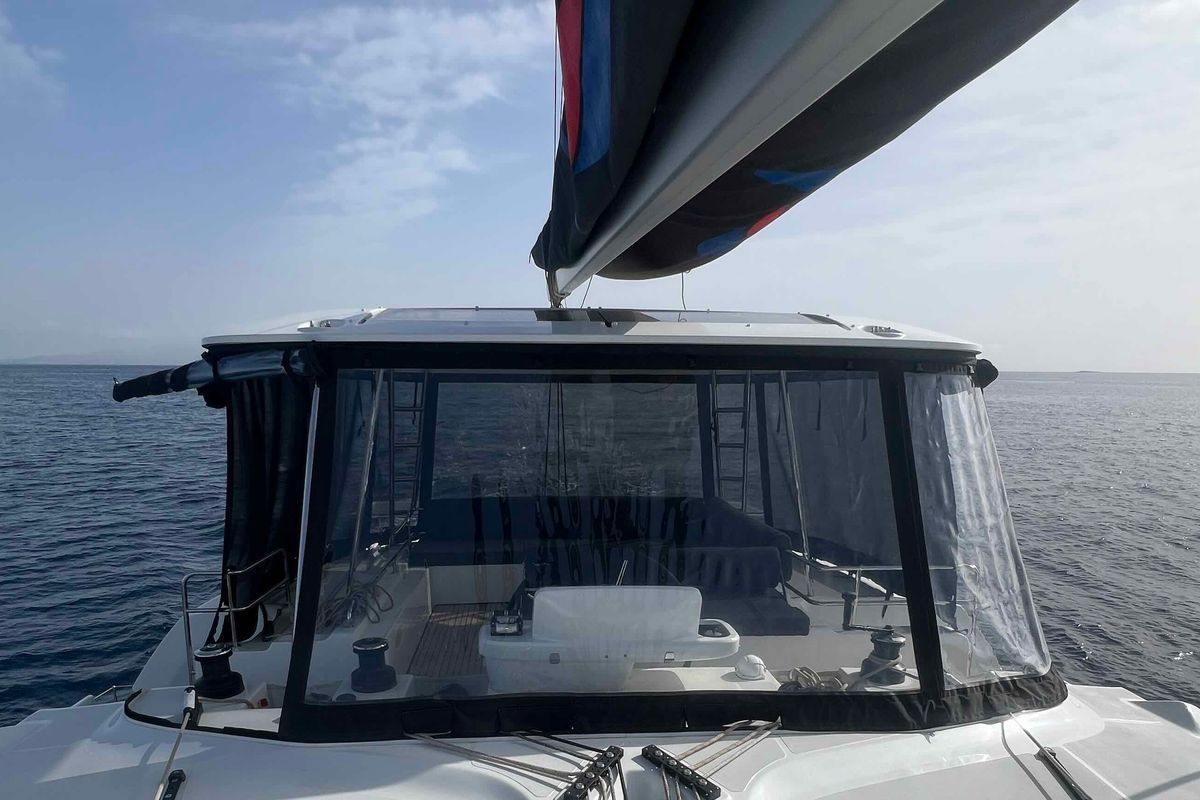 Cockpit of Pearl, a Lagoon 51 catamaran at Athens, Greece