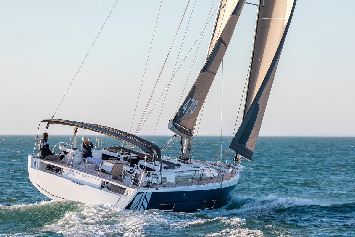 Exterior view of Rehoboam, a Dufour 470 sailboat at Salerno, Italy