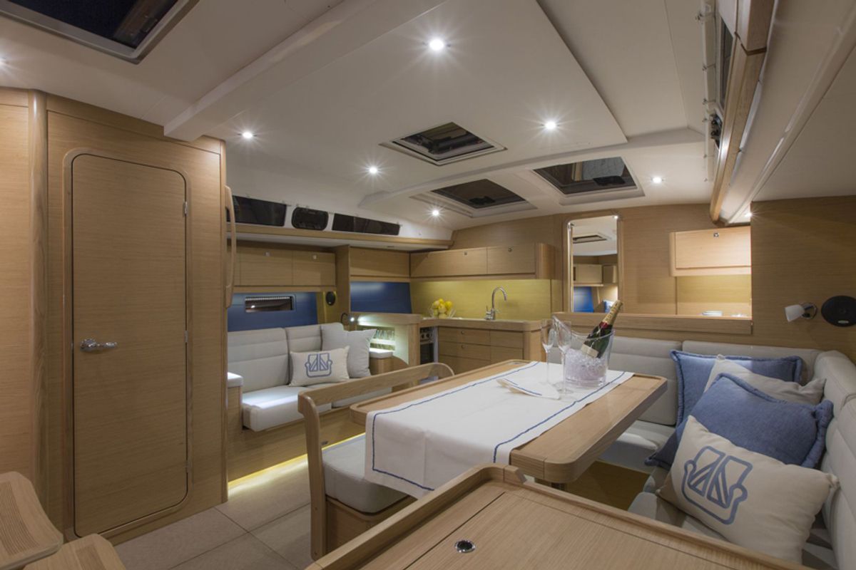 Salon of Amigo, a Dufour 460 Grand Large sailboat at Parikia, Greece