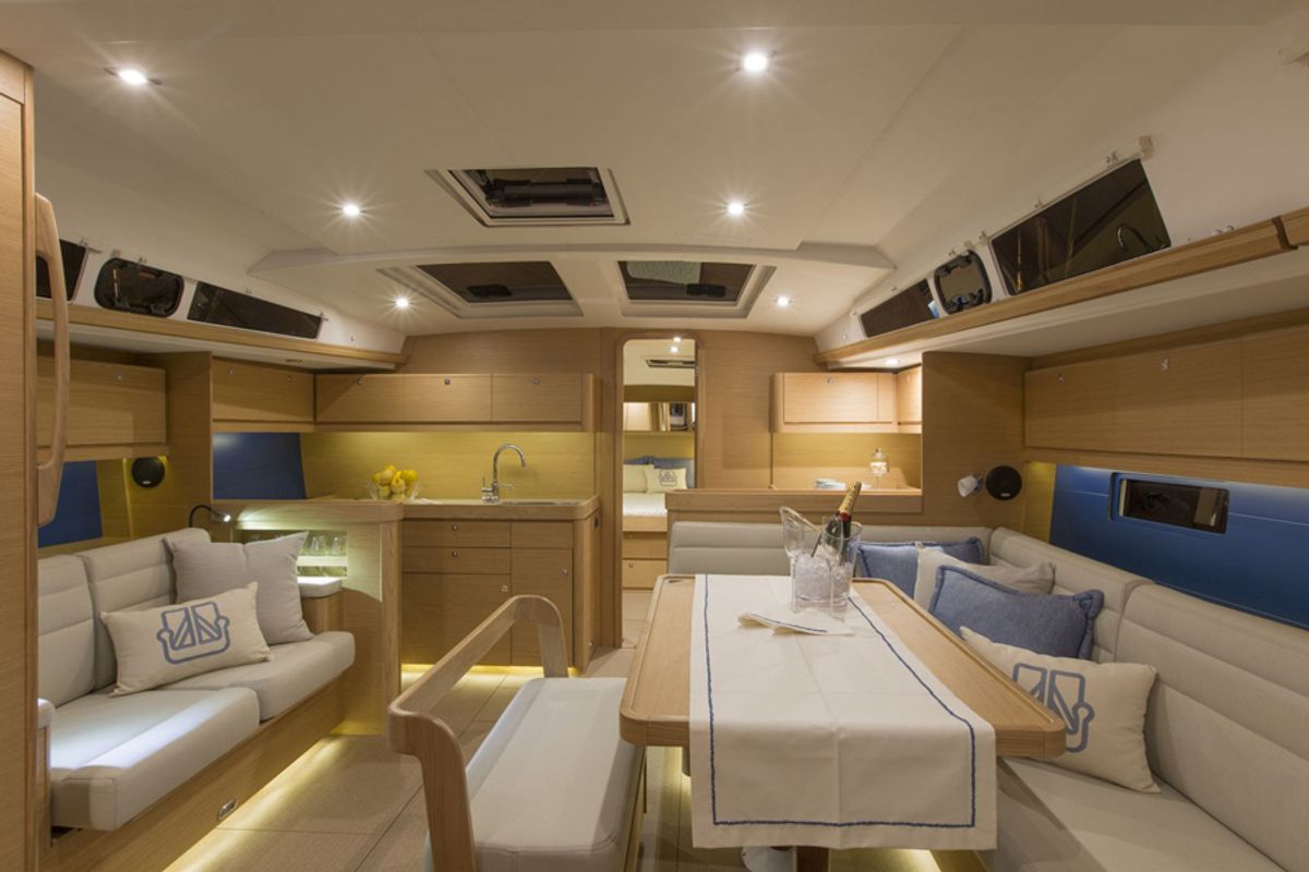 Salon of Amigo, a Dufour 460 Grand Large sailboat at Parikia, Greece